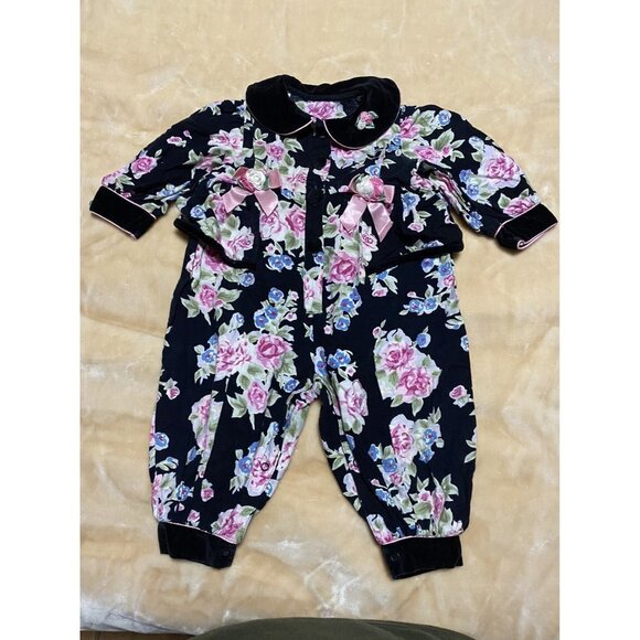 Floral Canvas Velvet Romper Buttoned Closure Bottom Jogger Vintage 6-9 Months - Picture 1 of 10